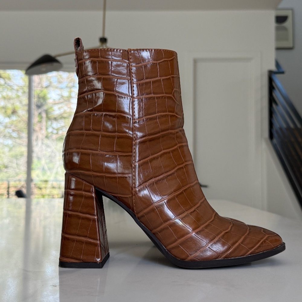 Brown Croc-Embossed Block Heel Ankle Boot